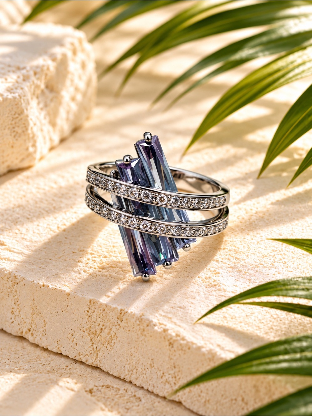 🆕😍Sterling Silver Lite Amythest CZ Art Deco Multi-Band Ring